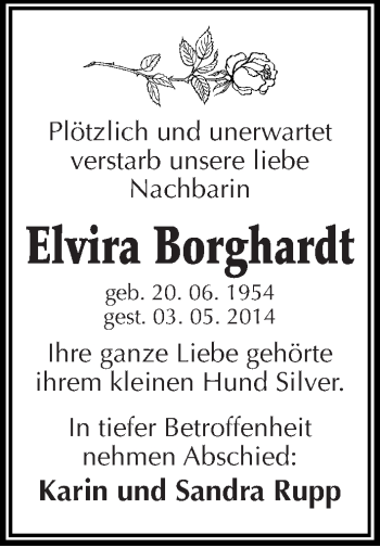 Traueranzeige von Elvira Borghardt von Mitteldeutsche Zeitung Quedlinburg