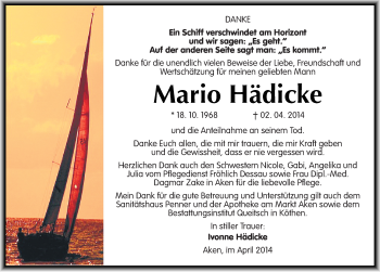 Traueranzeige von Mario Hädicke von Mitteldeutsche Zeitung Köthen