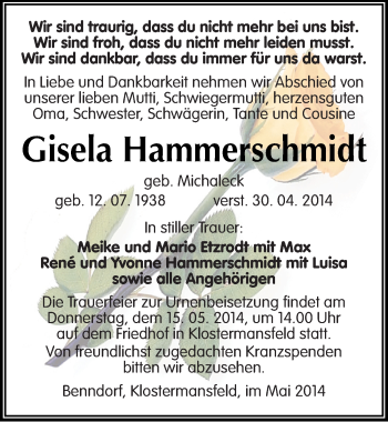 Traueranzeige von Gisela Hammerschmidt von Mitteldeutsche Zeitung Mansfelder Land