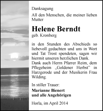 Traueranzeige von Helene Berndt von Mitteldeutsche Zeitung Sangerhausen