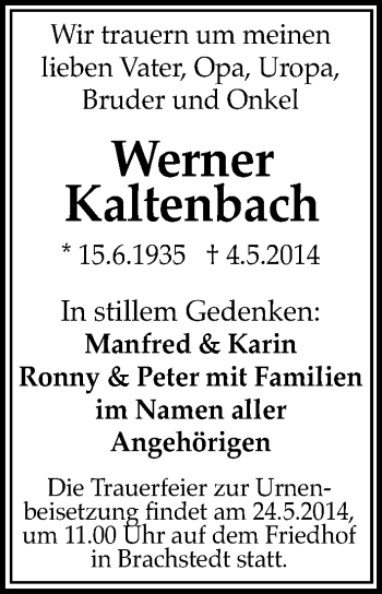 Traueranzeige von Werner Kaltenbach von Mitteldeutsche Zeitung Halle/Saalkreis