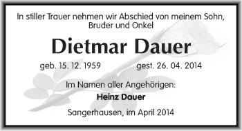 Traueranzeige von Dietmar Dauer von Mitteldeutsche Zeitung Sangerhausen