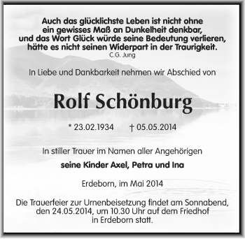 Traueranzeige von Rolf Schönburg von Mitteldeutsche Zeitung Mansfelder Land