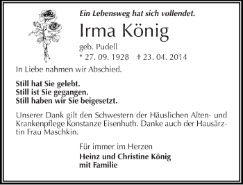 Traueranzeige von Irma König von Mitteldeutsche Zeitung Köthen