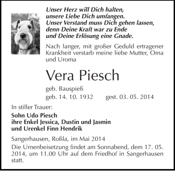 Traueranzeige von Vera Piesch von Mitteldeutsche Zeitung Sangerhausen