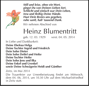 Traueranzeige von Heinz Blumentritt von Mitteldeutsche Zeitung Zeitz