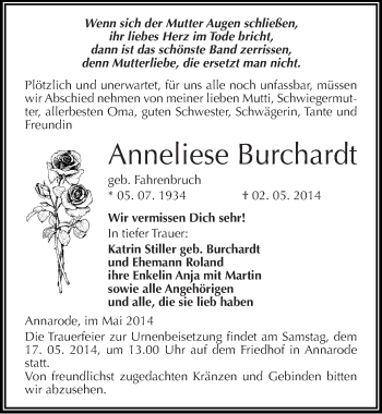 Traueranzeige von Anneliese Burchardt von Mitteldeutsche Zeitung Mansfelder Land