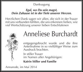 Traueranzeige von Anneliese Burchardt von Mitteldeutsche Zeitung Mansfelder Land