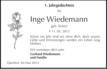 Traueranzeige von Inge Wiedemann von Mitteldeutsche Zeitung Merseburg/Querfurt