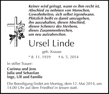 Traueranzeige von Ursel Linde von Mitteldeutsche Zeitung Wittenberg
