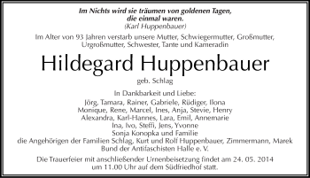 Traueranzeige von Hildegard Huppenbauer von Mitteldeutsche Zeitung Halle/Saalkreis