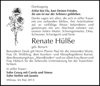 Traueranzeige von Renate Hülße von Mitteldeutsche Zeitung Merseburg/Querfurt