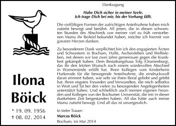 Traueranzeige von Ilona Böick von Mitteldeutsche Zeitung Mansfelder Land
