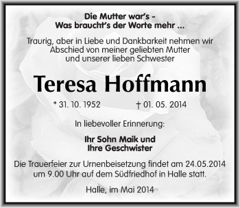 Traueranzeige von Teresa Hoffmann von Mitteldeutsche Zeitung Halle/Saalkreis