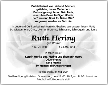 Traueranzeige von Ruth Hering von Mitteldeutsche Zeitung Sangerhausen