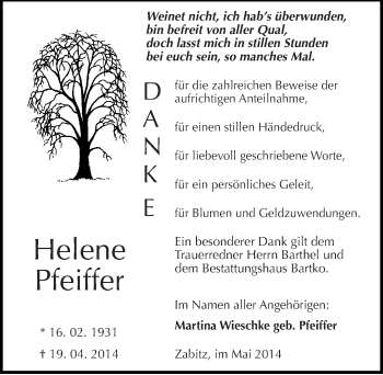 Traueranzeige von Helene Pfeiffer von Mitteldeutsche Zeitung Köthen