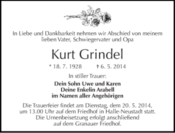 Traueranzeige von Kurt Grindel von Mitteldeutsche Zeitung Halle/Saalkreis