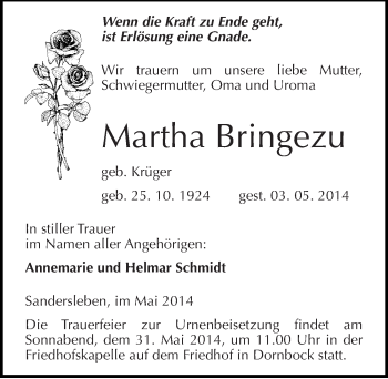 Traueranzeige von Martha Bringezu von Mitteldeutsche Zeitung Köthen