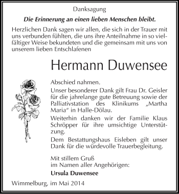 Traueranzeige von Hermann Duwensee von Mitteldeutsche Zeitung Mansfelder Land