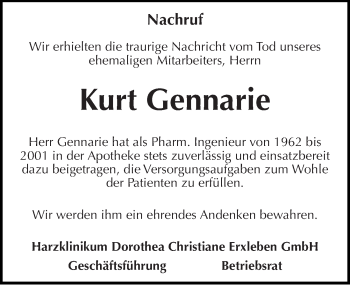 Traueranzeige von Kurt Gennarie von Mitteldeutsche Zeitung Quedlinburg