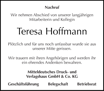 Traueranzeige von Teresa Hoffmann von Mitteldeutsche Zeitung Halle/Saalkreis