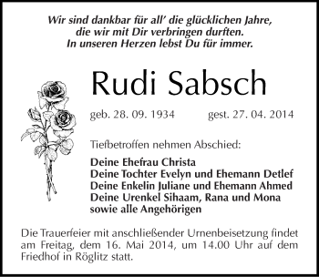 Traueranzeige von Rudi Sabsch von Mitteldeutsche Zeitung Merseburg/Querfurt