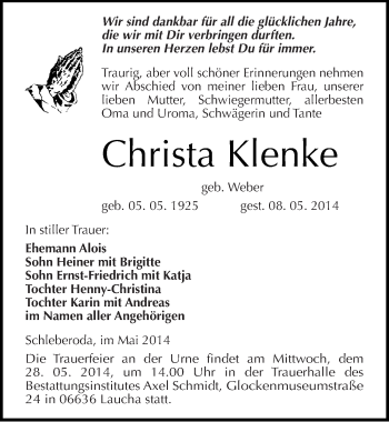 Traueranzeige von Christa Klenke von Mitteldeutsche Zeitung Naumburg/Nebra
