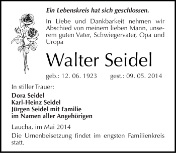 Traueranzeige von Walter Seidel von Mitteldeutsche Zeitung Naumburg/Nebra