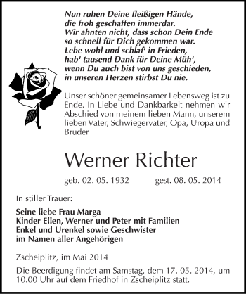 Traueranzeige von Werner Richter von Mitteldeutsche Zeitung Naumburg/Nebra
