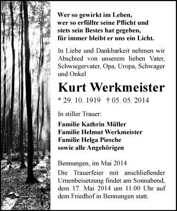 Traueranzeige von Kurt Werkmeister von Mitteldeutsche Zeitung Sangerhausen