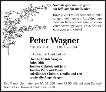 Traueranzeige von Peter Wagner von Mitteldeutsche Zeitung Dessau-Roßlau