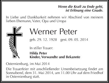 Traueranzeige von Werner Peter von Mitteldeutsche Zeitung Köthen