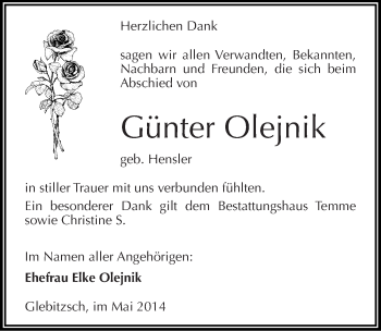 Traueranzeige von Günter Olejnik von Mitteldeutsche Zeitung Bitterfeld