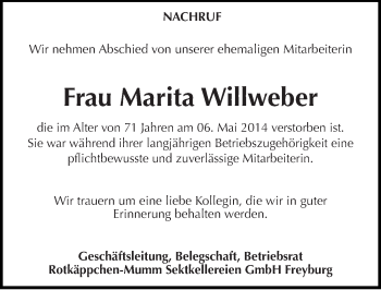 Traueranzeige von Marita Willweber von Mitteldeutsche Zeitung Naumburg/Nebra