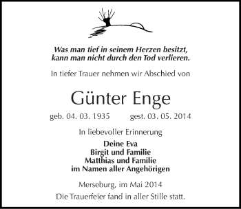 Traueranzeige von Günter Enge von Mitteldeutsche Zeitung Merseburg/Querfurt