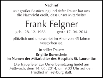 Traueranzeige von Frank Felgner von Mitteldeutsche Zeitung Naumburg/Nebra