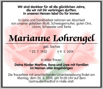 Traueranzeige von Marianne Lohrengel von Mitteldeutsche Zeitung Halle/Saalkreis