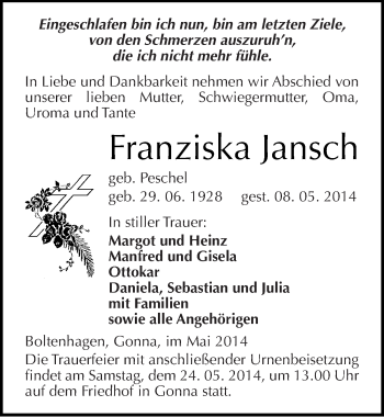 Traueranzeige von Franziska Jansch von Mitteldeutsche Zeitung Sangerhausen