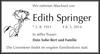Traueranzeige von Edith Springer von Mitteldeutsche Zeitung Bitterfeld