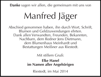 Traueranzeige von Manfred Jäger von Mitteldeutsche Zeitung Sangerhausen
