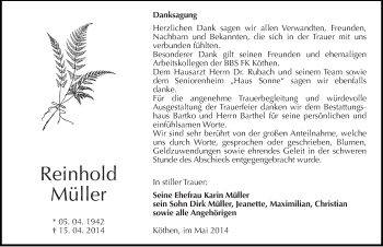 Traueranzeige von Reinhold Müller von Mitteldeutsche Zeitung Köthen