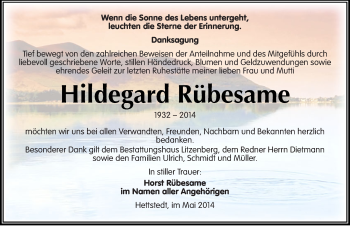Traueranzeige von Hildegard Rübesame von Mitteldeutsche Zeitung Mansfelder Land