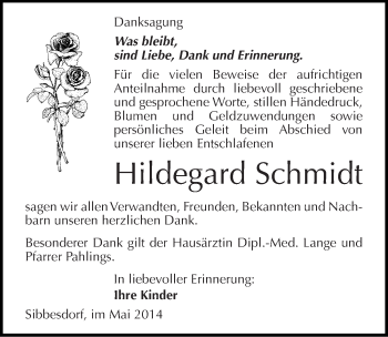 Traueranzeige von Hildegard Schmidt von Mitteldeutsche Zeitung Köthen