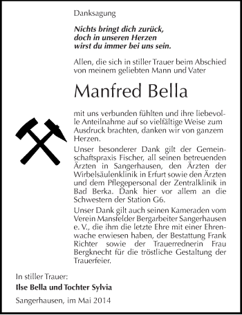 Traueranzeige von Manfred Bella von Mitteldeutsche Zeitung Sangerhausen