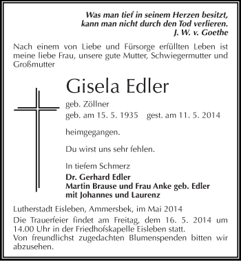 Traueranzeige von Gisela Edler von Mitteldeutsche Zeitung Mansfelder Land