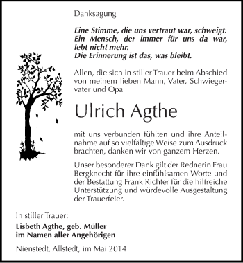 Traueranzeige von Ulrich Agthe von Mitteldeutsche Zeitung Sangerhausen