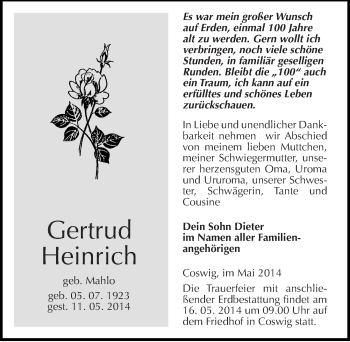 Traueranzeige von Gertrud Heinrich von Mitteldeutsche Zeitung Dessau-Roßlau