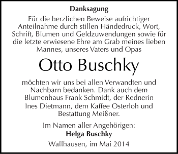 Traueranzeige von Otto Buschky von Mitteldeutsche Zeitung Sangerhausen
