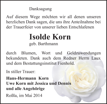 Traueranzeige von Isolde Korn von Mitteldeutsche Zeitung Sangerhausen