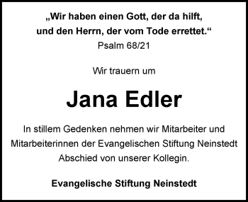 Traueranzeige von Jana Edler von Mitteldeutsche Zeitung Quedlinburg